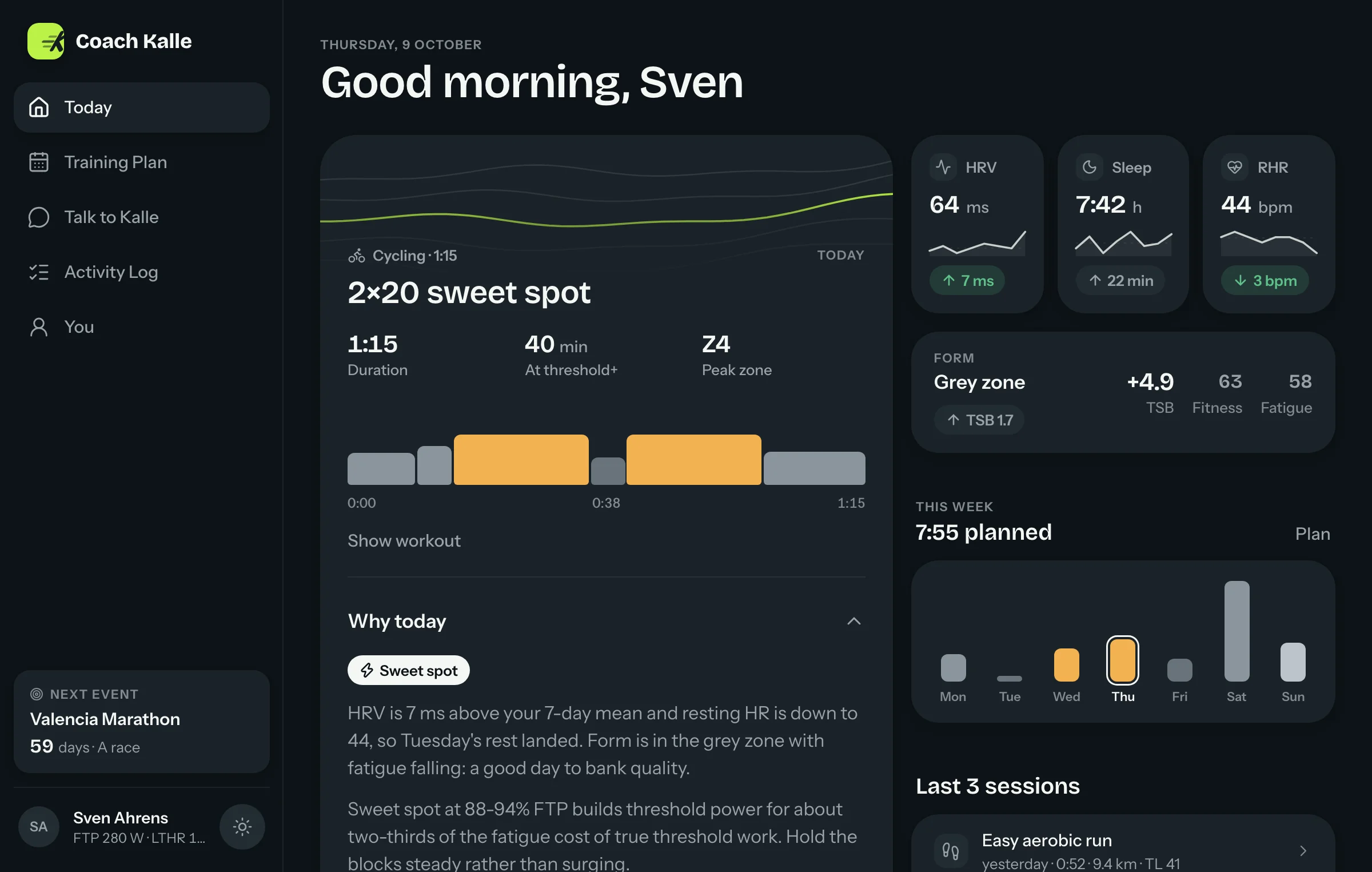 The Coach Kalle Today dashboard on a laptop: this morning's HRV, resting heart rate and sleep next to the session Kalle prescribed for today